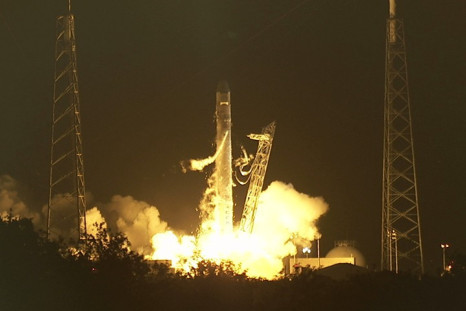 The Falcon 9 and Dragon spacecraft lift off from Space Launch Complex 40 Tuesday morning.