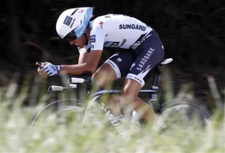 Saxo Bank-Sungard rider Alberto Contador of Spain pedals during the 20th time trial stage in Grenoble during the Tour de France cycling race
