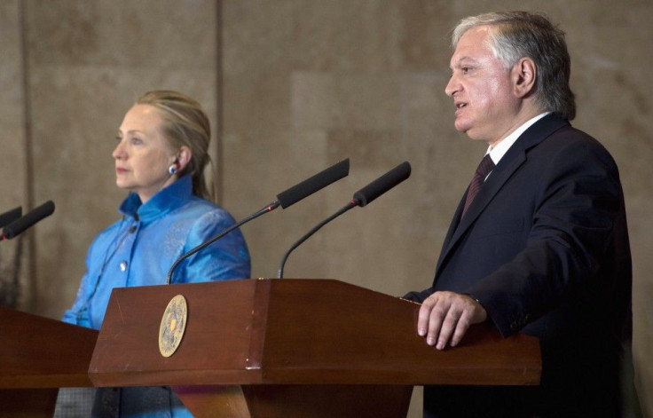 Armenian Foreign Minister Nalbandian and U.S. Secretary of State Clinton address a news conference following at the presidential palace in Yerevan