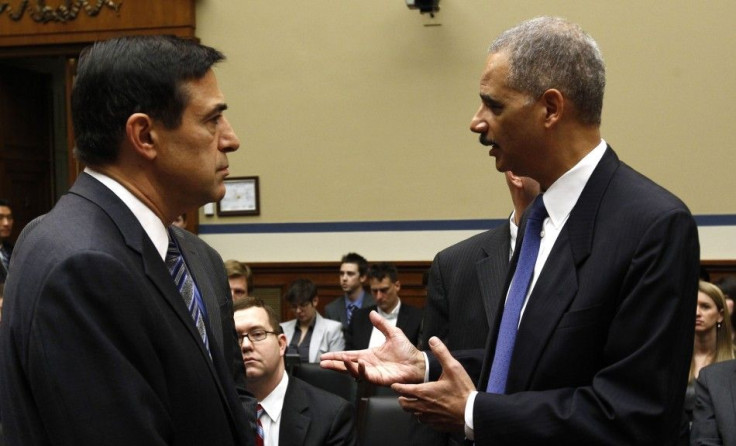 Congressman Darrell Issa, at left, and Attorney General Eric Holder, at right.