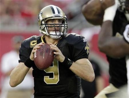 New Orleans Saints quarterback Drew Brees looks downfield during their NFL football game against the Tampa Bay Buccaneers in Tampa, Florida