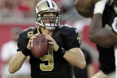New Orleans Saints quarterback Drew Brees looks downfield during their NFL football game against the Tampa Bay Buccaneers in Tampa, Florida