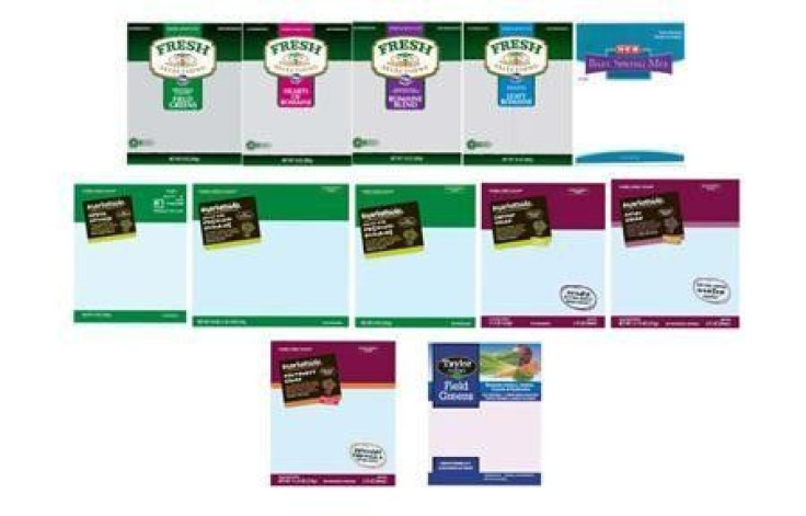 The labels from recalled Taylor Farms salad blends are seen in an undated handout image.
