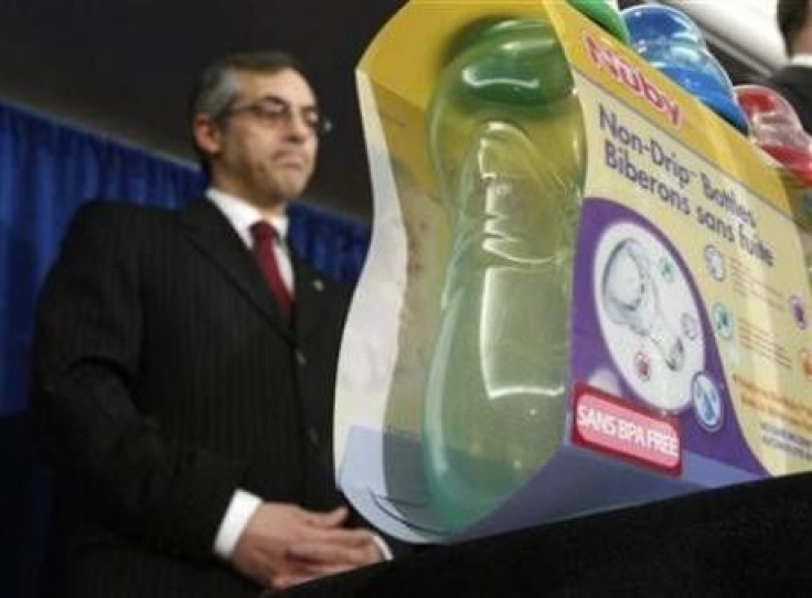  Baby bottles free of the chemical bisphenol A are seen during a news conference with Canada's Health Minister Tony Clement in Ottawa April 18, 2008.