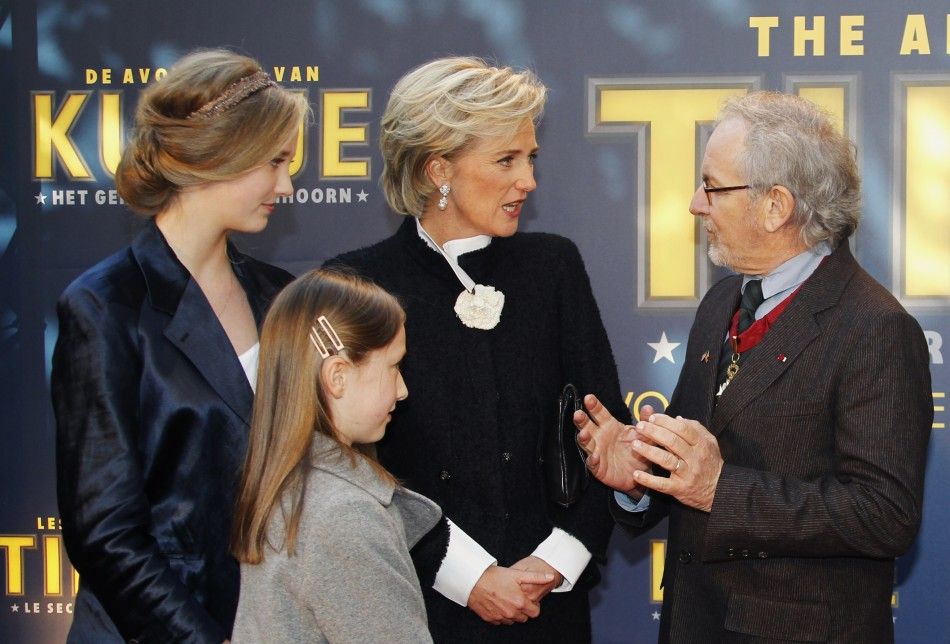 Director Spielberg talks to Belgiums Princess Astrid and her daughters during a photocall in Brussels