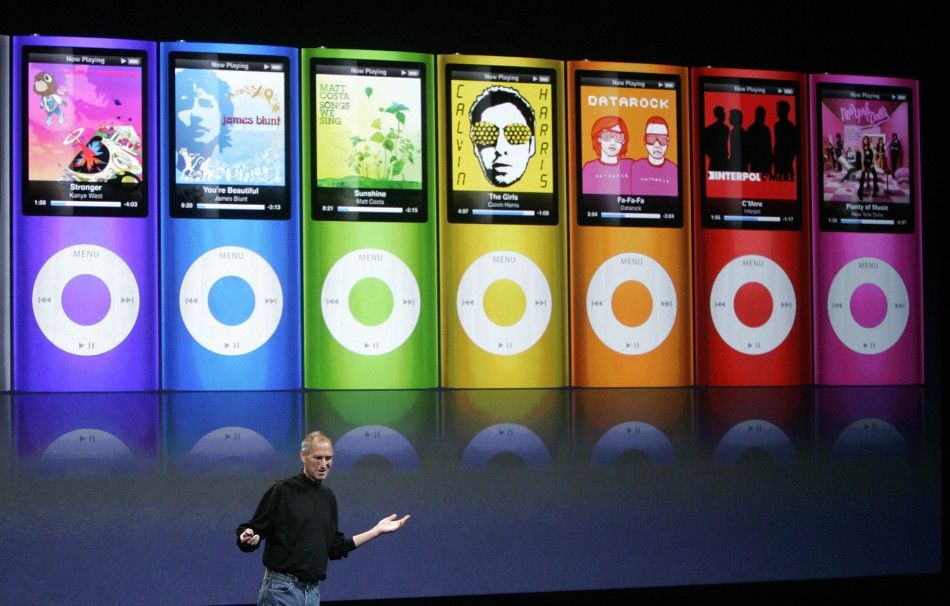 Apple Inc CEO Steve Jobs speaks as colorful redesigned iPod Nano are displayed at Apples quotLets Rockquot media event in San Francisco, California September 9, 2008.