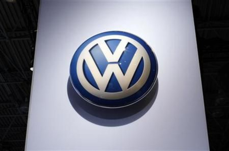 Volkswagen logo on display at New York International Auto Show