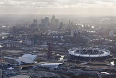 An aerial view shows the London 2012 Olympic Games Olympic Stadium, Aquatics Centre, Water Polo and the Orbit, at the Olympic Park in London
