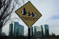 Sign shown at headquarters for Oracle Corp shown in Redwood City
