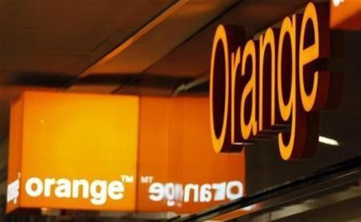 Logos of Orange are seen in front of an Orange France Telecom shop in Nice, southern France