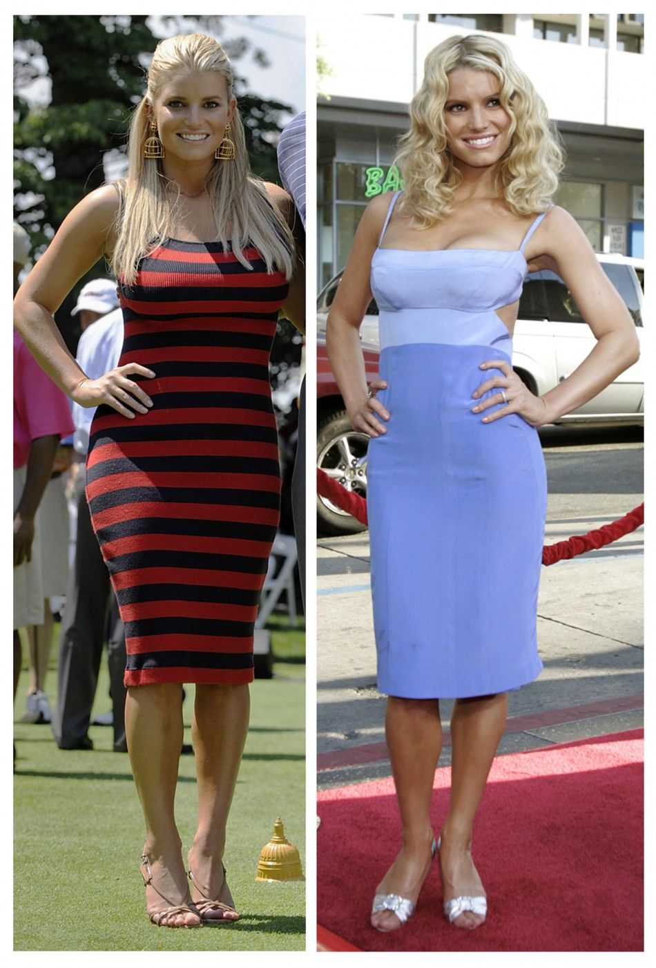 Combination photo of Jessica Simpson at 2009 ATT golf tournament in Bethesda and at 2005 Duke of Hazzard premiere in Hollywood