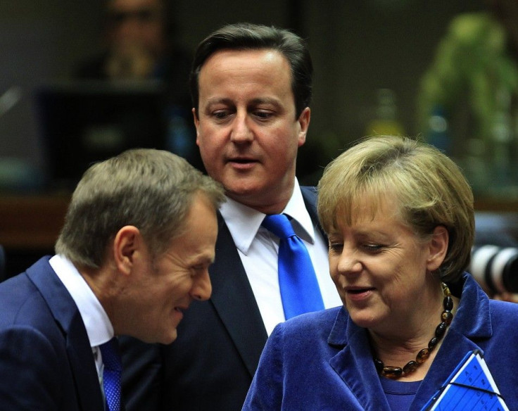 Poland&#039;s Prime Minister Tusk Britain&#039;s Prime Minister Cameron and Germany&#039;s Chancellor Merkel attend an European Union summit