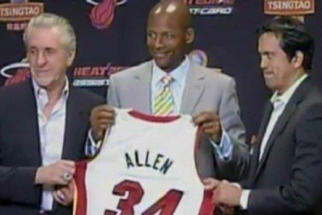 Ray Allen was introduced by the Heat. He traded in his number 20, for 34 in South Beach.