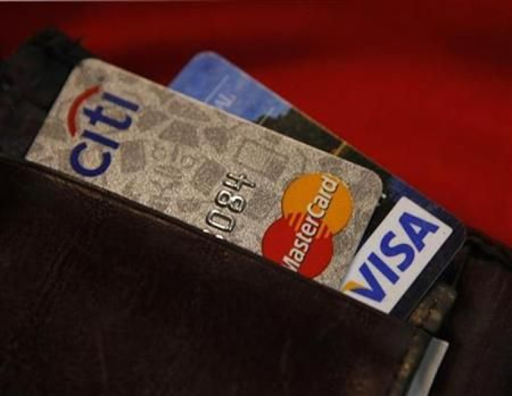 Credit cards are pictured in a wallet in Washington