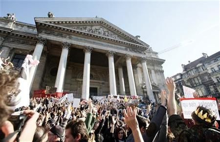 "Indignant" demonstrators stage a protest in front of the Stock Exchange in Brussels