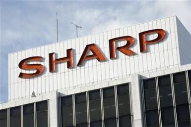 The Sharp Corp logo is seen at the company's showroom in Tokyo