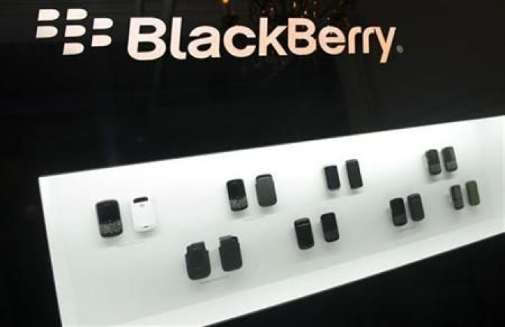 Blackberry devices are displayed at a release party to promote the BlackBerry OS 7 devices in Toronto