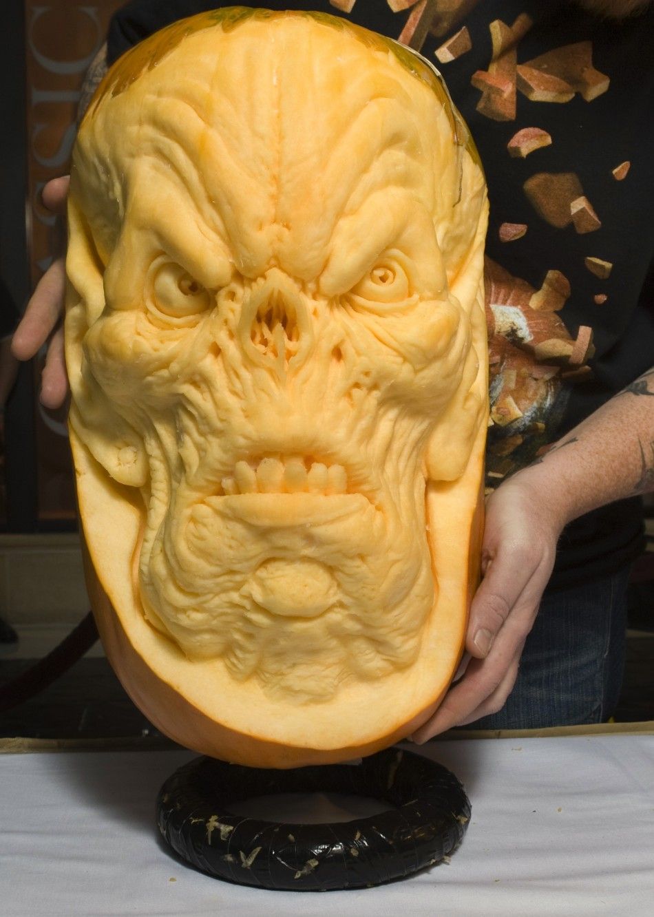 A pumpkin carved by artist Villafane is displayed during an exhibition in the Grand Canal Shoppes at The Venetian hotel-casino in Las Vegas