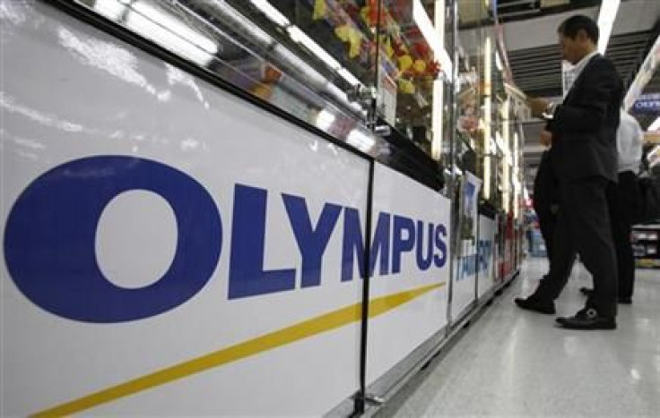 A logo of Japan&#039;s Olympus Corp is pictured at an electronic store in Tokyo