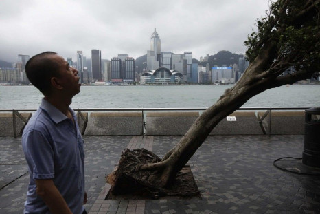 Man Walks Past A Tree Uprooted After Typhoon Vicente In Hong Kong