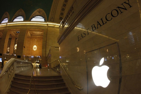 Apple Inc. logo seen on East Balcony on steps leading to newest Apple Store in New York City's Grand Central Station during press preview