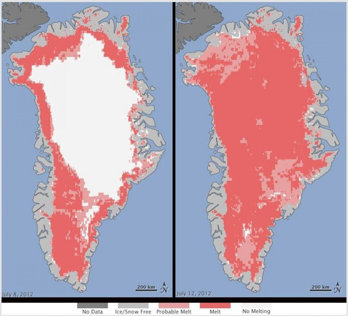 NASA Satellites Reveal An Unprecedented 97% Of Greenland Ice Sheet Surface Melt In Mid-July