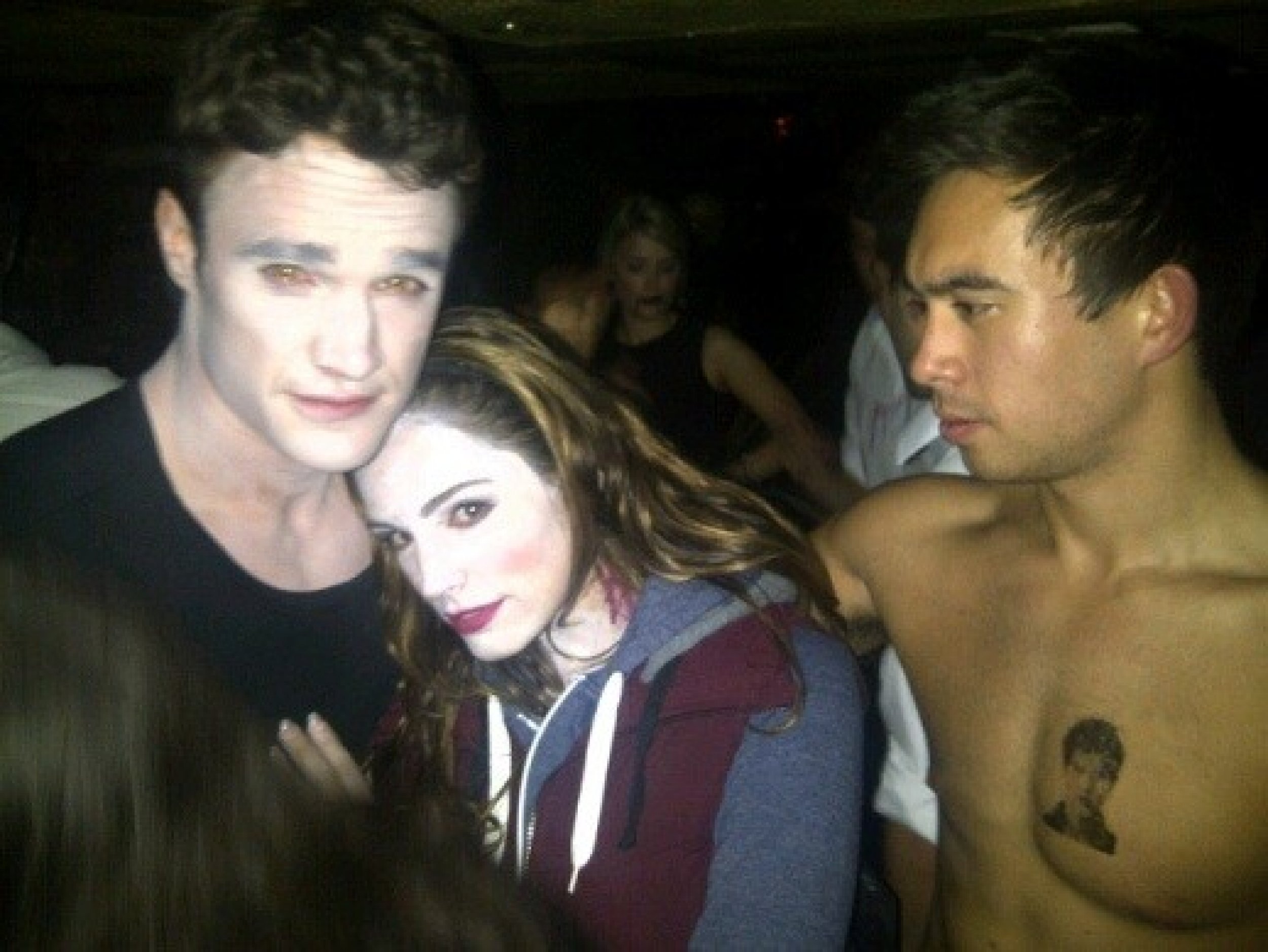 Kelly Brook dressed up as Bella Swan while her boyfriend Thom Evans R dressed up as Edward Cullen and his friend as Jacob Black.