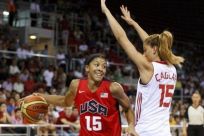Parker of Team USA challenges Caglar of Team Turkey during their Olympic women&#039;s exhibition basketball game