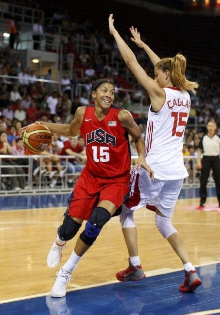Parker of Team USA challenges Caglar of Team Turkey during their Olympic women&#039;s exhibition basketball game