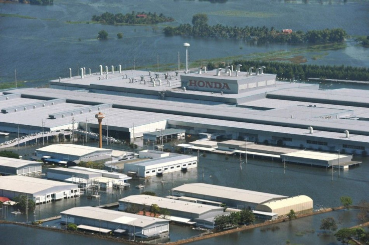 An aerial view shows a flooded Honda car factory in Ayutthaya province, Thailand