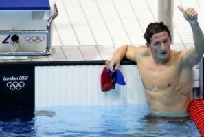 Britain&#039;s Michael Jamieson, who placed first, gives the thumbs-up after his men&#039;s 200m breaststroke semi-final during the London 2012 Olympic Games at the Aquatics Centre