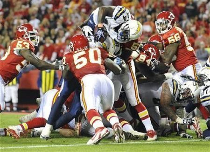 San Diego Chargers running back Curtis Brinkley dives for a touchdown during the second half of the Kansas City Chiefs&#039; overtime win in their NFL football game at Arrowhead Stadium in Kansas City, Missouri