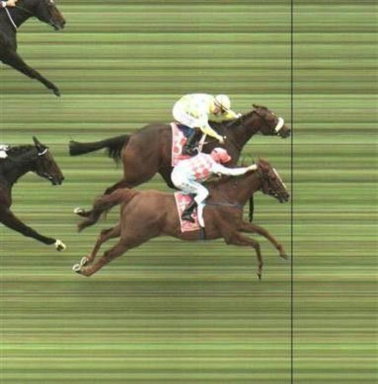 Christophe Lemaire (top) riding Dunaden beats Michael Rodd riding Red Cadeaux to win the Melbourne Cup at Flemington racecourse in Melbourne