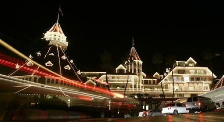 Thousands of white lights decorate the front of Hotel del Coronado on the island of Coronado in San Diego