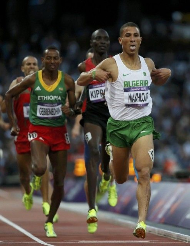 Algeria&#039;s Taoufik Makhloufi, Kenya&#039;s Asbel Kiprop and Ethiopia&#039;s Mekonnen Gebremedhin compete in the men&#039;s 1500m semi-final during the London 2012 Olympic Games at the Olympic Stadium
