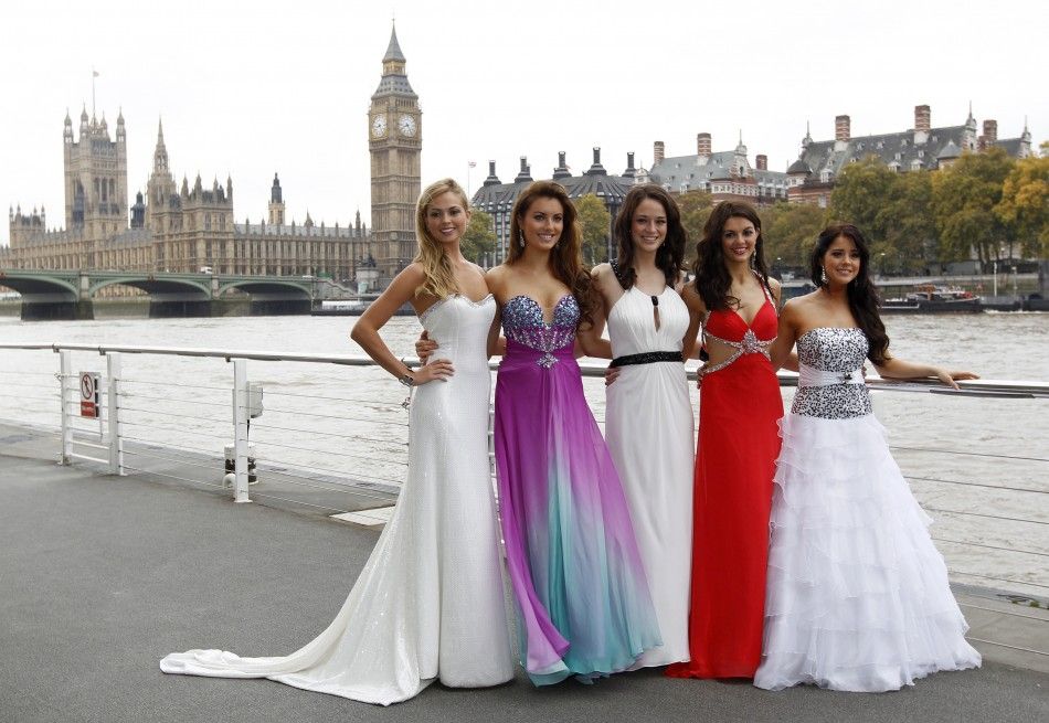 Miss World 2011 contestants L-R Miss England Alize Mounter, Miss Ireland Holly Carpenter, Miss Scotland Jennifer Reoch, Miss Northern Ireland Finola Guinnane and Miss Wales Sara Manchipp pose for photographers in front of the Houses of Parliament and th