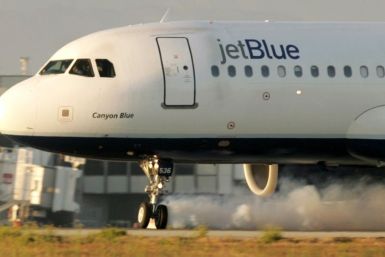 File photo of a JetBlue Airbus at Los Angeles International Airport with landing gear turned sideways