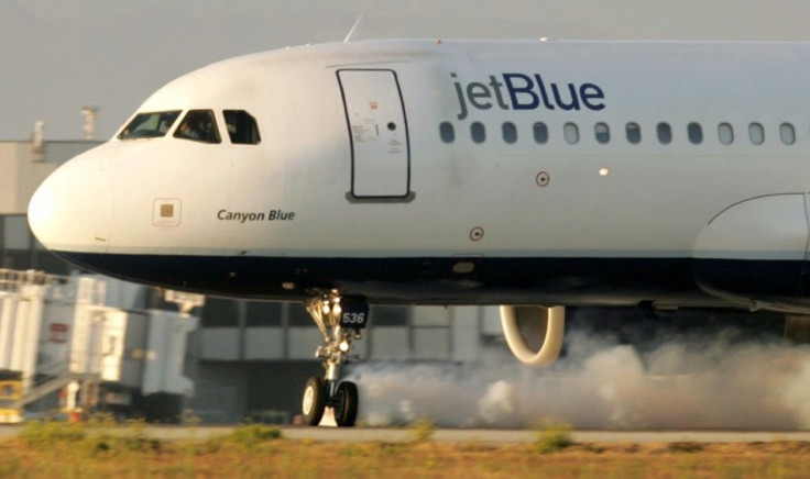 File photo of a JetBlue Airbus at Los Angeles International Airport with landing gear turned sideways