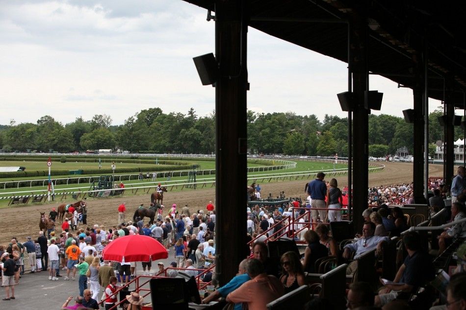 The track at the Saratoga Race Course seen from the grandstand.