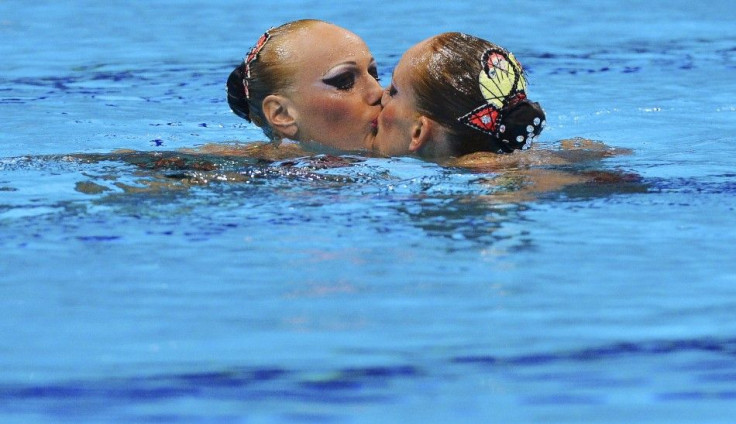 Ukrainian synchronized swimmers Daria Iushko And Kysenia Sydorenko caused quite a stir on Twitter Tuesday when the females engaged in a kiss after their finals routine at the London Olympics.