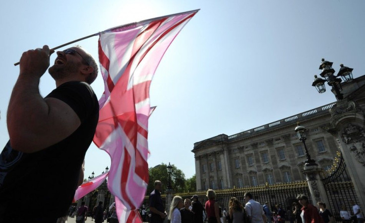 A demonstrator carries a pink Union flag outside Buckingham Palace during a protest against Britain&#039;s gay marriage ban, in London