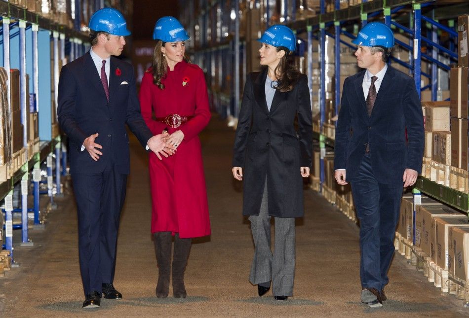 Britains Prince William and his wife Catherine, Duchess of Cambridge visit the UNICEF emergency supply centre with Denmarks Crown Princess Mary and Prince Frederik in Copenhagen
