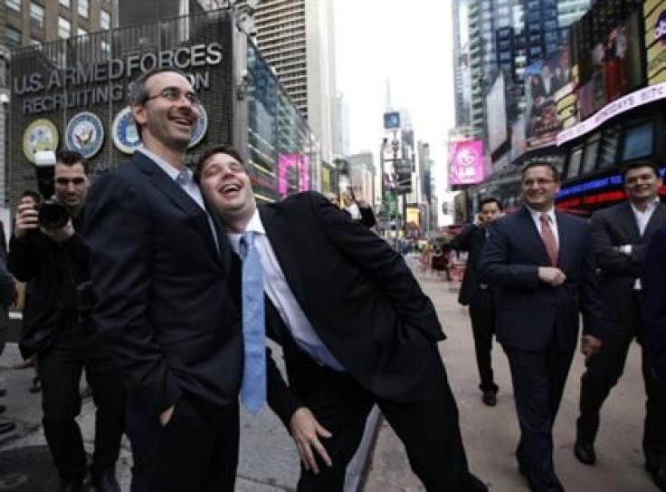 Groupon CEO Mason jokes around with Groupon&#039;s Chairman Lefkofsky outside Nasdaq Market in Times Square in New York