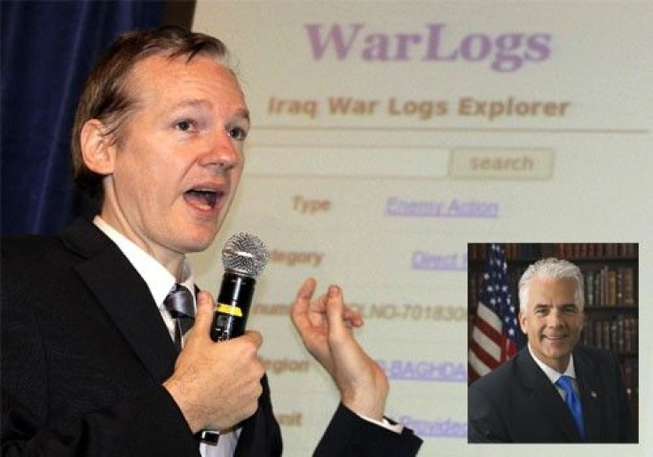 Wikileaks founder Julian Assange speaks during a news conference about the internet release of secret documents about the Iraq War, in London October 23, 2010 and (inset) Senator John Ensign (R-Nevada)