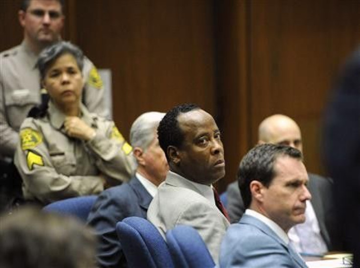 Dr. Conrad Murray looks towards Los Angeles Deputy District Attorney David Walgren (not pictured) as Walgren delivers his closing arguments during the final stage of Murray's defense in his involuntary manslaughter trial in the death of singer Michae