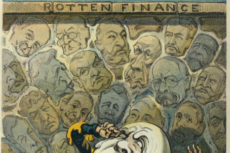 1907 Puck magazine cover image uses a Humpty Dumpty reference to illustrate the state of financial capitalism. A wall of &quot;Rotten Finance&quot; formed by figures like John D. Rockefeller, J. Pierpont Morgan and Edward H. Harriman has failed to prop up