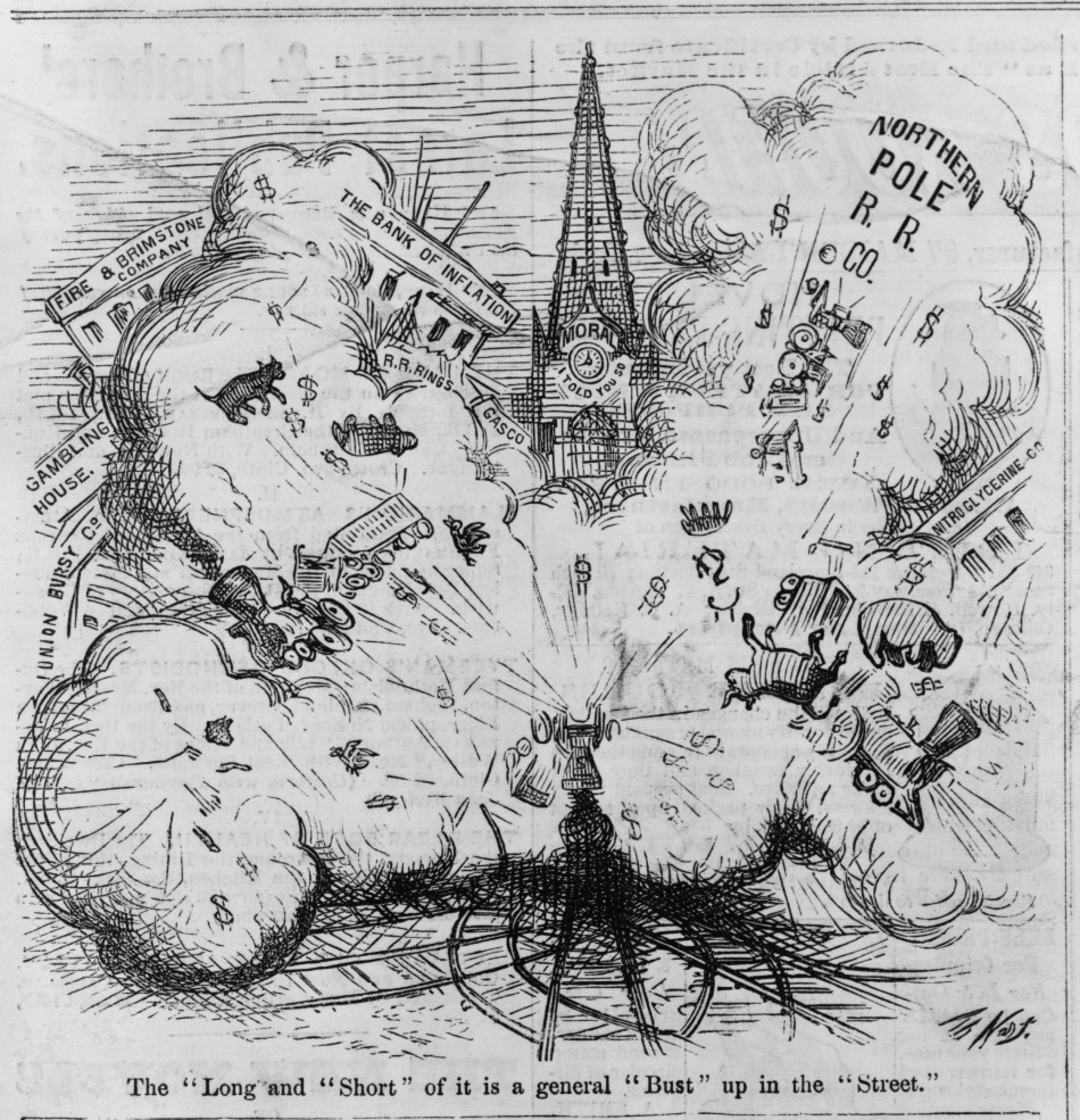 Wall Street representations in newspaper cartoons and illustrations were common around the time of the Panic of 1873, but financiers were seen as victims of the man-made calamity that was laissez-faire industrial capitalism. An 1873 cartoon by Thomas Nast