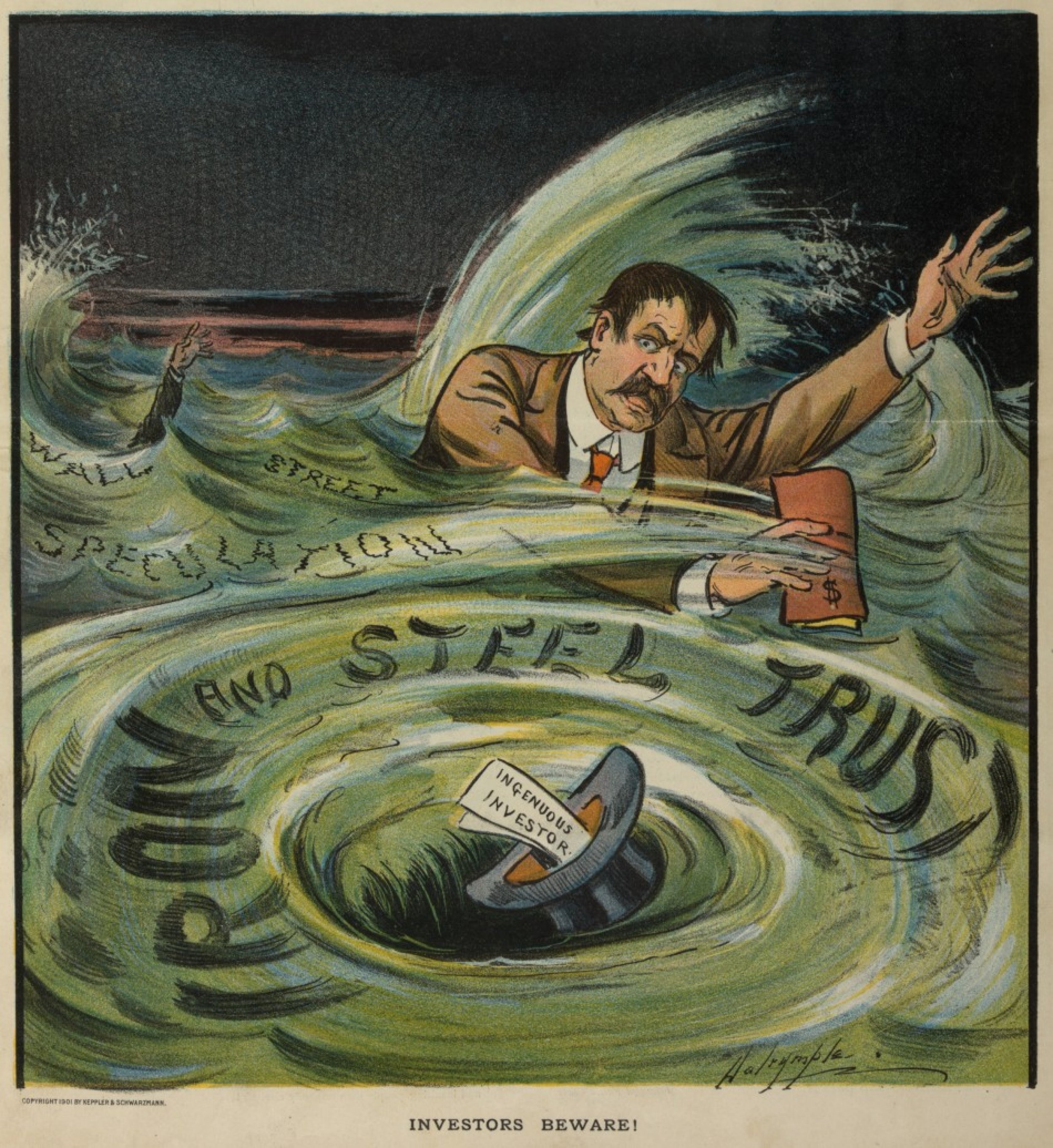 1901 Puck magazine cover image shows even tat the turn of the century, it was the industrial trusts who were blamed for wrecking investors fortunes on Wall Street