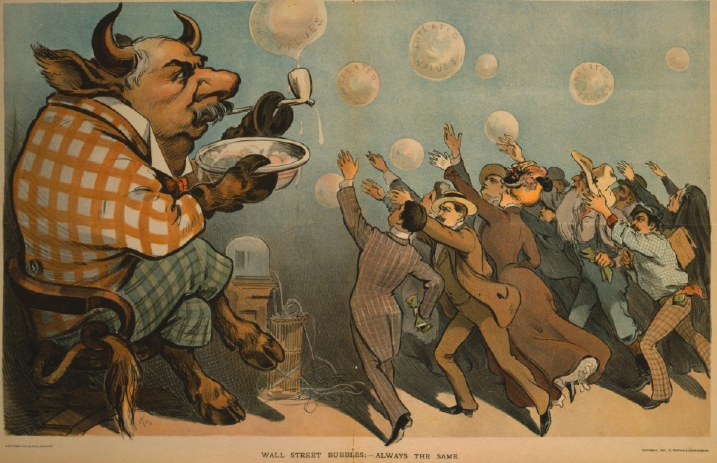 The way speculative bubbles seemed to have a life of their own was grasped by editorialists after 1901, with Wall Street finance itself being seen as a source of evil market disruptions. A Puck magazine centerfold from 1902.