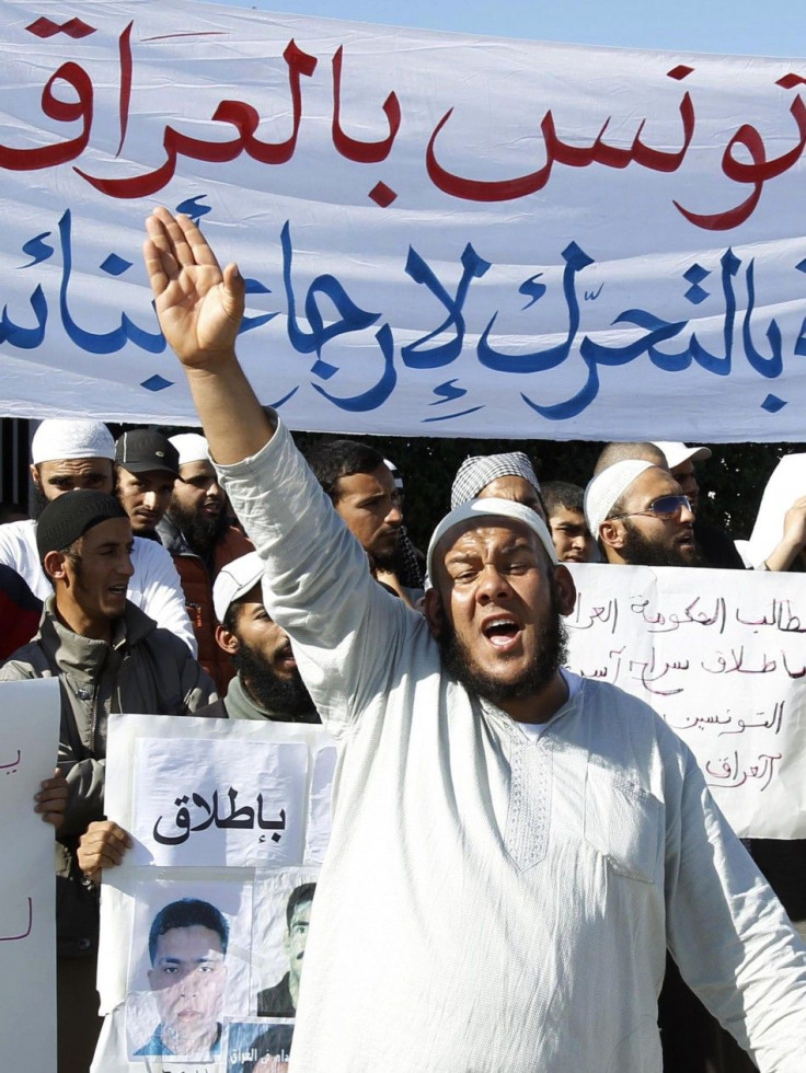 Salafists shout during a sit-in protest in Tunis